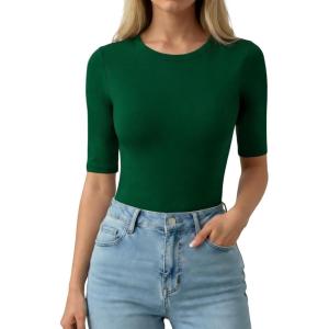image:imageMANGOPOP Half Sleeve Tops for Women Crew Neck Slim Fitted Casual Going Out T Shirt Tops 2026 TrendyDeep Green