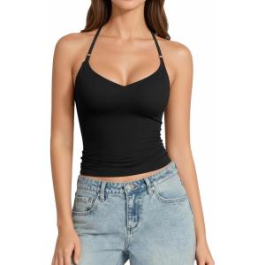 image:imageMANGOPOP Women Sexy Adjustable Halter V Neck Tank Top Backless Double Lined Cami Slim Basic Going Out 2026 Summer TrendyBlack