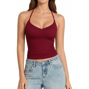 image:imageMANGOPOP Women Sexy Adjustable Halter V Neck Tank Top Backless Double Lined Cami Slim Basic Going Out 2026 Summer TrendyBurgundy