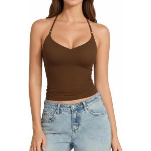 image:imageMANGOPOP Women Sexy Adjustable Halter V Neck Tank Top Backless Double Lined Cami Slim Basic Going Out 2026 Summer TrendyCoffee