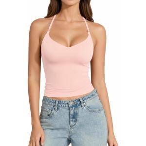 image:imageMANGOPOP Women Sexy Adjustable Halter V Neck Tank Top Backless Double Lined Cami Slim Basic Going Out 2026 Summer TrendyRose Quartz