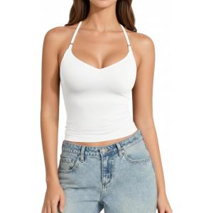 image:imageMANGOPOP Women Sexy Adjustable Halter V Neck Tank Top Backless Double Lined Cami Slim Basic Going Out 2026 Summer TrendyWhite