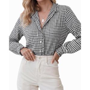 image:imageMANGOPOP Womens Ruffle Neck Plaid Button Down Shirts Long Sleeve Gingham Dress Tops Busines Casual Checkered BlousesBlack
