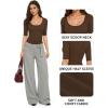 image:imageMANGOPOP Sexy Half Sleeve Tops for Women Scoop Neck Slim Fitted Casual Going Out T Shirt Tops 2026 TrendyBrown Coffee