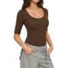image:imageMANGOPOP Sexy Half Sleeve Tops for Women Scoop Neck Slim Fitted Casual Going Out T Shirt Tops 2026 TrendyBrown Coffee