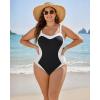 image:imageMANGOPOP Women One Piece Swimsuit Tummy Control Slimming Swim Suits Color Block Bathing Suit 2026 Beach Vacation SwimwearBlack