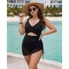 image:imageMANGOPOP Women One Piece Swimsuit V Neck Cut Out Tummy Control Swim Suits Sheer Mesh Bathing Suit Drawstring SwimwearAblack