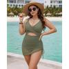 image:imageMANGOPOP Women One Piece Swimsuit V Neck Cut Out Tummy Control Swim Suits Sheer Mesh Bathing Suit Drawstring SwimwearBarmy Green