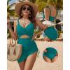 image:imageMANGOPOP Women One Piece Swimsuit V Neck Cut Out Tummy Control Swim Suits Sheer Mesh Bathing Suit Drawstring SwimwearBlue