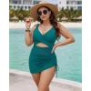 image:imageMANGOPOP Women One Piece Swimsuit V Neck Cut Out Tummy Control Swim Suits Sheer Mesh Bathing Suit Drawstring SwimwearBlue