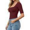 image:imageMANGOPOP WomenS Half Sleeve Bodysuit Square Neck 34 Sleeve Body Suits Dressy Fitted Going Out TopsBurgundy