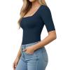 image:imageMANGOPOP WomenS Half Sleeve Bodysuit Square Neck 34 Sleeve Body Suits Dressy Fitted Going Out TopsDeep Blue