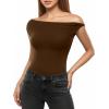 image:imageMANGOPOP Womens Off The Shoulder Double Lined Bodysuit Versatile Thong Body Suit Going Out Summer Trendy TopsCoffee