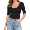 image:imageMANGOPOP Womens Scoop Neck Half Sleeve Bodysuit 34 Sleeve Sexy Body Suit Slim Fitted Going Out Shirts Tops01 Black