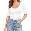 image:imageMANGOPOP Womens Scoop Neck Half Sleeve Bodysuit 34 Sleeve Sexy Body Suit Slim Fitted Going Out Shirts Tops02 White