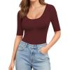 image:imageMANGOPOP Womens Scoop Neck Half Sleeve Bodysuit 34 Sleeve Sexy Body Suit Slim Fitted Going Out Shirts TopsBurgundy