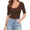 image:imageMANGOPOP Womens Scoop Neck Half Sleeve Bodysuit 34 Sleeve Sexy Body Suit Slim Fitted Going Out Shirts TopsCoffee