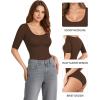 image:imageMANGOPOP Womens Scoop Neck Half Sleeve Bodysuit 34 Sleeve Sexy Body Suit Slim Fitted Going Out Shirts TopsCoffee