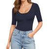 image:imageMANGOPOP Womens Scoop Neck Half Sleeve Bodysuit 34 Sleeve Sexy Body Suit Slim Fitted Going Out Shirts TopsDeep Blue