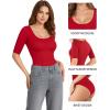 image:imageMANGOPOP Womens Scoop Neck Half Sleeve Bodysuit 34 Sleeve Sexy Body Suit Slim Fitted Going Out Shirts TopsRed