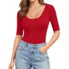 image:imageMANGOPOP Womens Scoop Neck Half Sleeve Bodysuit 34 Sleeve Sexy Body Suit Slim Fitted Going Out Shirts TopsRed