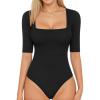 image:imageMANGOPOP WomenS Half Sleeve Bodysuit Square Neck 34 Sleeve Body Suits Dressy Fitted Going Out TopsA01 Black