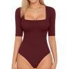 image:imageMANGOPOP WomenS Half Sleeve Bodysuit Square Neck 34 Sleeve Body Suits Dressy Fitted Going Out TopsBurgundy