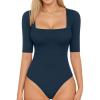 image:imageMANGOPOP WomenS Half Sleeve Bodysuit Square Neck 34 Sleeve Body Suits Dressy Fitted Going Out TopsDeep Blue