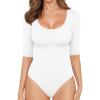 image:imageMANGOPOP Womens Scoop Neck Half Sleeve Bodysuit 34 Sleeve Sexy Body Suit Slim Fitted Going Out Shirts Tops02 White
