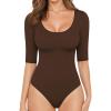image:imageMANGOPOP Womens Scoop Neck Half Sleeve Bodysuit 34 Sleeve Sexy Body Suit Slim Fitted Going Out Shirts TopsCoffee