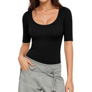 image:imageMANGOPOP Sexy Half Sleeve Tops for Women Scoop Neck Slim Fitted Casual Going Out T Shirt Tops 2026 TrendyBlack