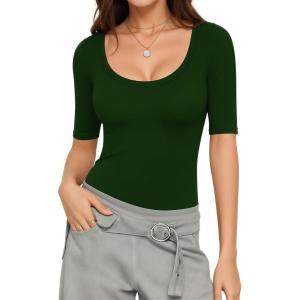 image:imageMANGOPOP Sexy Half Sleeve Tops for Women Scoop Neck Slim Fitted Casual Going Out T Shirt Tops 2026 TrendyDeep Green