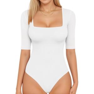 image:imageMANGOPOP WomenS Half Sleeve Bodysuit Square Neck 34 Sleeve Body Suits Dressy Fitted Going Out TopsA02 White