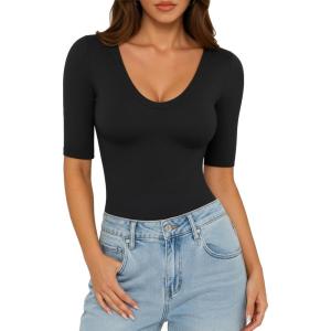 image:imageMANGOPOP Womens Half Sleeve Scoop Neck Top Mid Elbow 34 Sleeve T Shirts Going Out Casual Trendy 2026Black