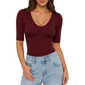 image:imageMANGOPOP Womens Half Sleeve Scoop Neck Top Mid Elbow 34 Sleeve T Shirts Going Out Casual Trendy 2026Burgundy
