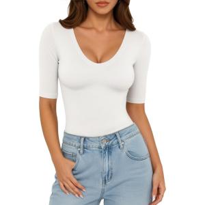 image:imageMANGOPOP Womens Half Sleeve Scoop Neck Top Mid Elbow 34 Sleeve T Shirts Going Out Casual Trendy 2026Creamy White