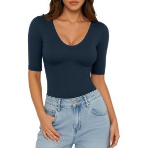 image:imageMANGOPOP Womens Half Sleeve Scoop Neck Top Mid Elbow 34 Sleeve T Shirts Going Out Casual Trendy 2026Deep Blue
