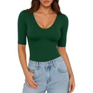 image:imageMANGOPOP Womens Half Sleeve Scoop Neck Top Mid Elbow 34 Sleeve T Shirts Going Out Casual Trendy 2026Deep Green