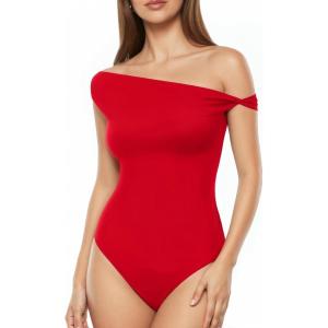 image:imageMANGOPOP Womens Off The Shoulder Double Lined Bodysuit Versatile Thong Body Suit Going Out Summer Trendy TopsRed