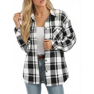 image:imageMANGOPOP YearRound Flannel Shirt for Women  Lightweight Oversized Long Sleeve Button Down Plaid for Effortless LayeringBlack White Plaid
