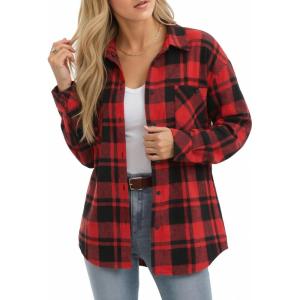 image:imageMANGOPOP YearRound Flannel Shirt for Women  Lightweight Oversized Long Sleeve Button Down Plaid for Effortless LayeringRed Black Plaid