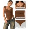 image:imageMANGOPOP Womens Sweetheart Neck Sleeveless Thong Bodysuit Sexy Mesh Ruched Double Lined Tank Top Body Suits Going Out TopsBrown