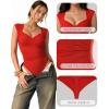 image:imageMANGOPOP Womens Sweetheart Neck Sleeveless Thong Bodysuit Sexy Mesh Ruched Double Lined Tank Top Body Suits Going Out TopsRed