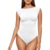 image:imageMANGOPOP Womens Boat Neck Double Lined Bodysuits Cap Sleeve Thong Basic Tank Body Suit Fitted Going Out Tops 202602 White