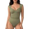 image:imageMANGOPOP Womens Sweetheart Neck Sleeveless Thong Bodysuit Sexy Mesh Ruched Double Lined Tank Top Body Suits Going Out TopsArmy Green