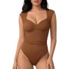 image:imageMANGOPOP Womens Sweetheart Neck Sleeveless Thong Bodysuit Sexy Mesh Ruched Double Lined Tank Top Body Suits Going Out TopsBrown