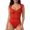 image:imageMANGOPOP Womens Sweetheart Neck Sleeveless Thong Bodysuit Sexy Mesh Ruched Double Lined Tank Top Body Suits Going Out TopsRed