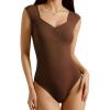 image:imageMANGOPOP Womens Sweetheart Neckline Thong Bodysuit Ruched V Neck Tank Top Body Suits Double Lined Sleeveless Going Out TopsCoffee