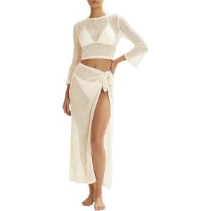 image:imageMANGOPOP 2 Piece Swimsuit Coverup for Women Crochet Bathing Suit Cover Up Set for Beach Pool VacationAcream White