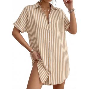 image:imageMANGOPOP Swimsuit Coverup for Women Striped Bathing Suit Cover Up Button Down Shirt Beach Cover Ups Dress 2026 Summer OutfitsAkhaki